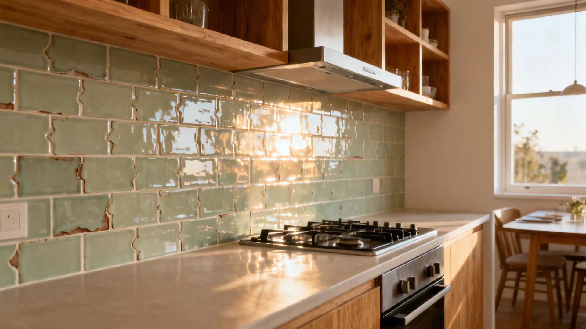 Pale sage gloss zellige-style backsplash reflecting daylight in a small studio kitchen.