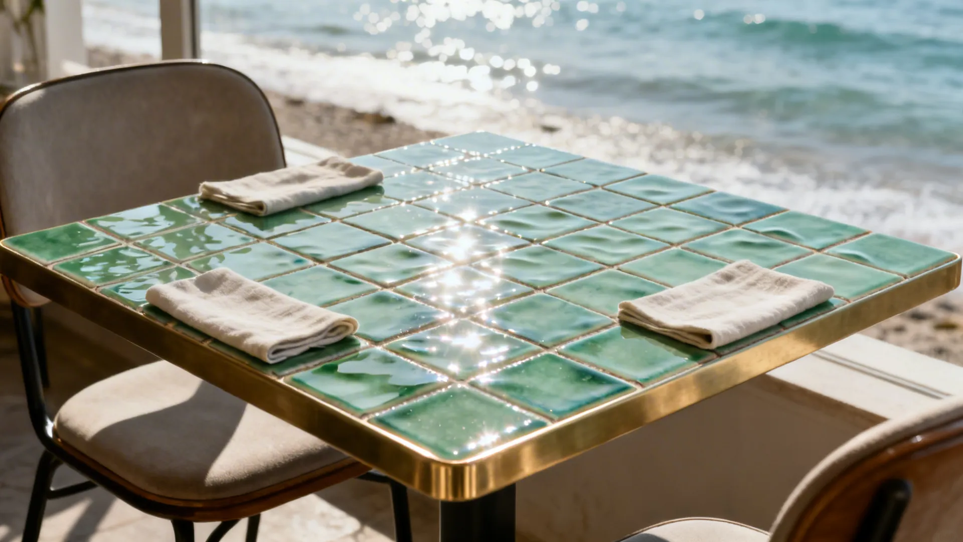 Sea-glass green zellige tiled café table with reflective glaze and brass edge in soft daylight.