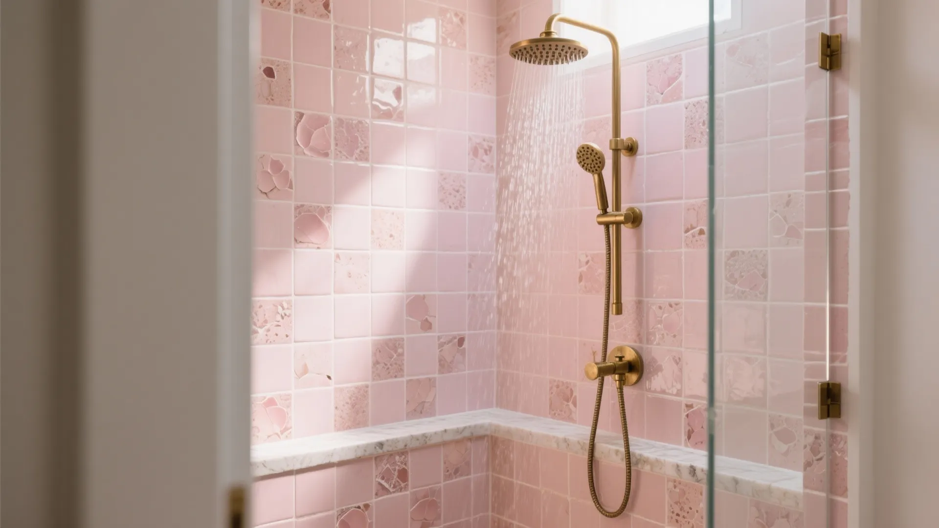 Pink Zellige in the Shower With Brass Fixtures