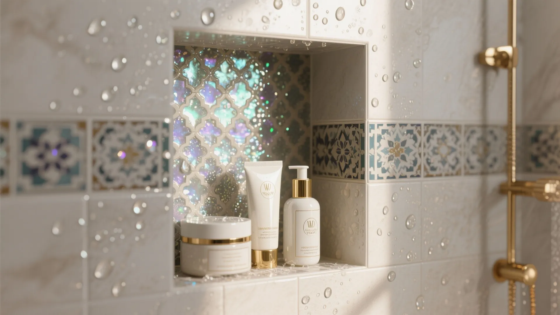 Shower wall niche with patterned tiles holding white skincare bottles and gold metal shower fixtures