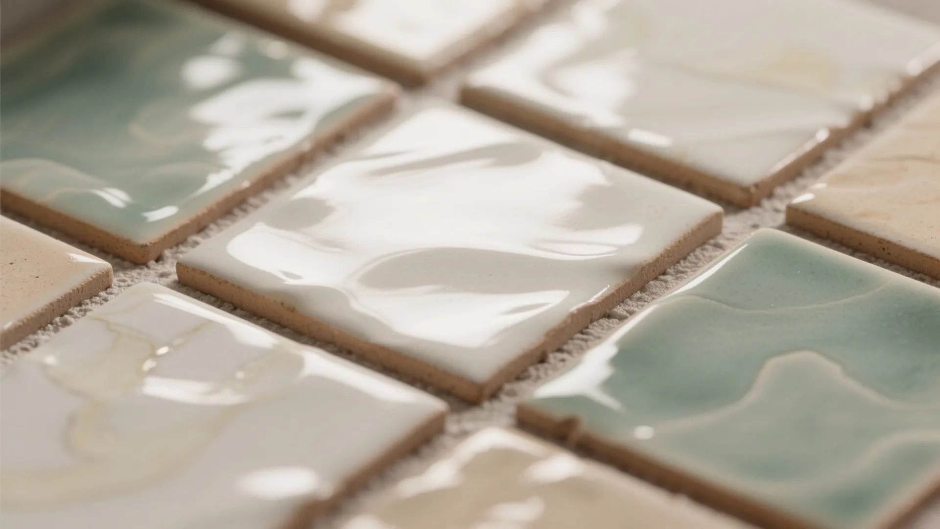 Close up of glossy square ceramic wall tiles in white green and beige colors with texture