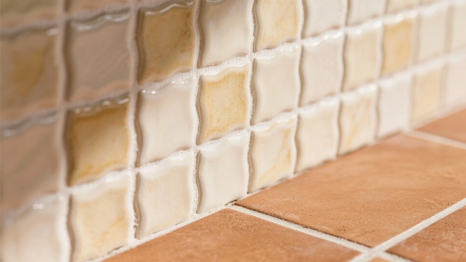 Close-up of cream zellige-look wall tile beside terracotta-look floor tile with matched grout.