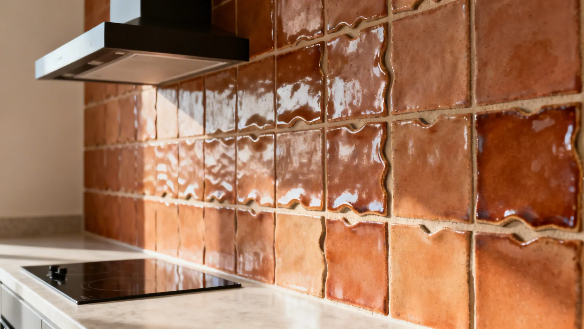 Macro of hand-made zellige or terracotta tiles with tonal variation and irregular edges.