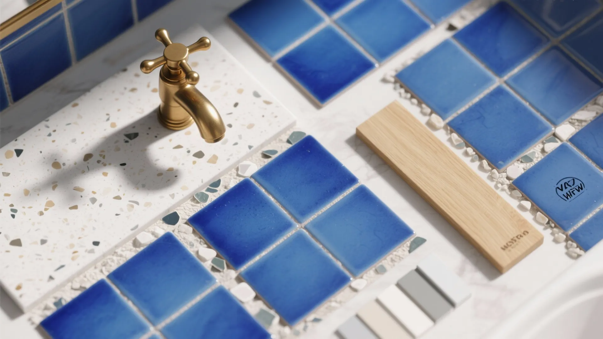 Blue Zellige + White Terrazzo + Brass Accents