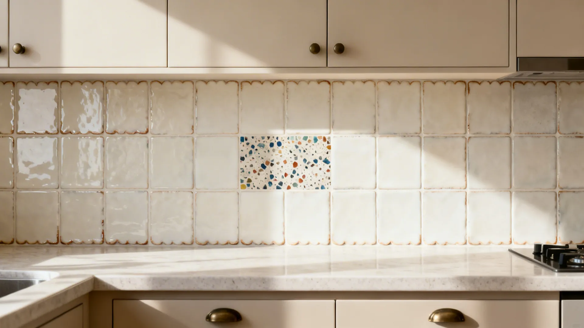 Off-white zellige backsplash with tonal shifts and a small terrazzo focal panel.