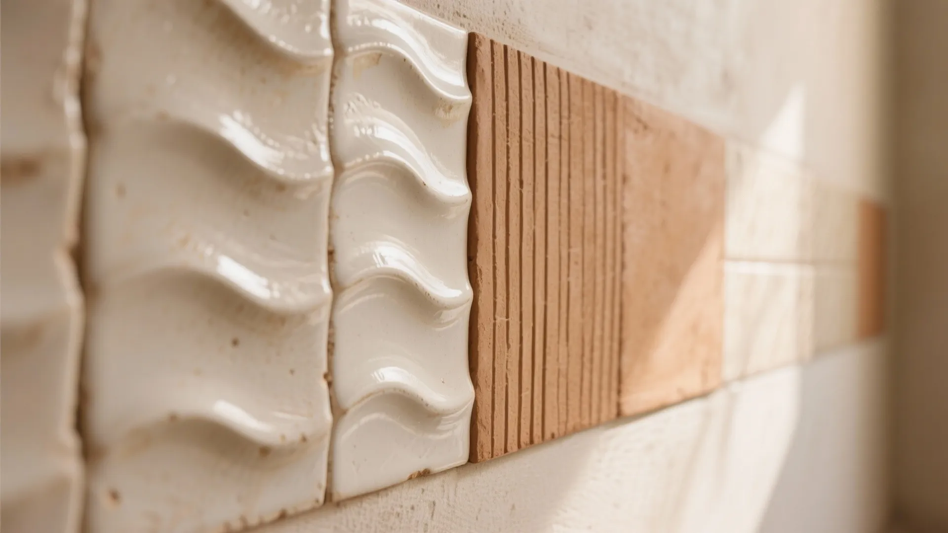 Close up of wavy white ceramic tiles and brown textured wall tiles in bright natural sunlight