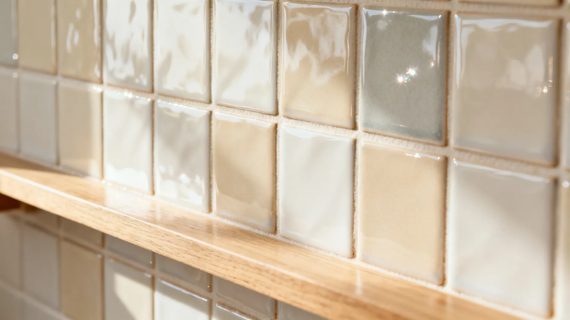 Macro view of glossy zellige-style tiles with varied glaze reflecting soft daylight.