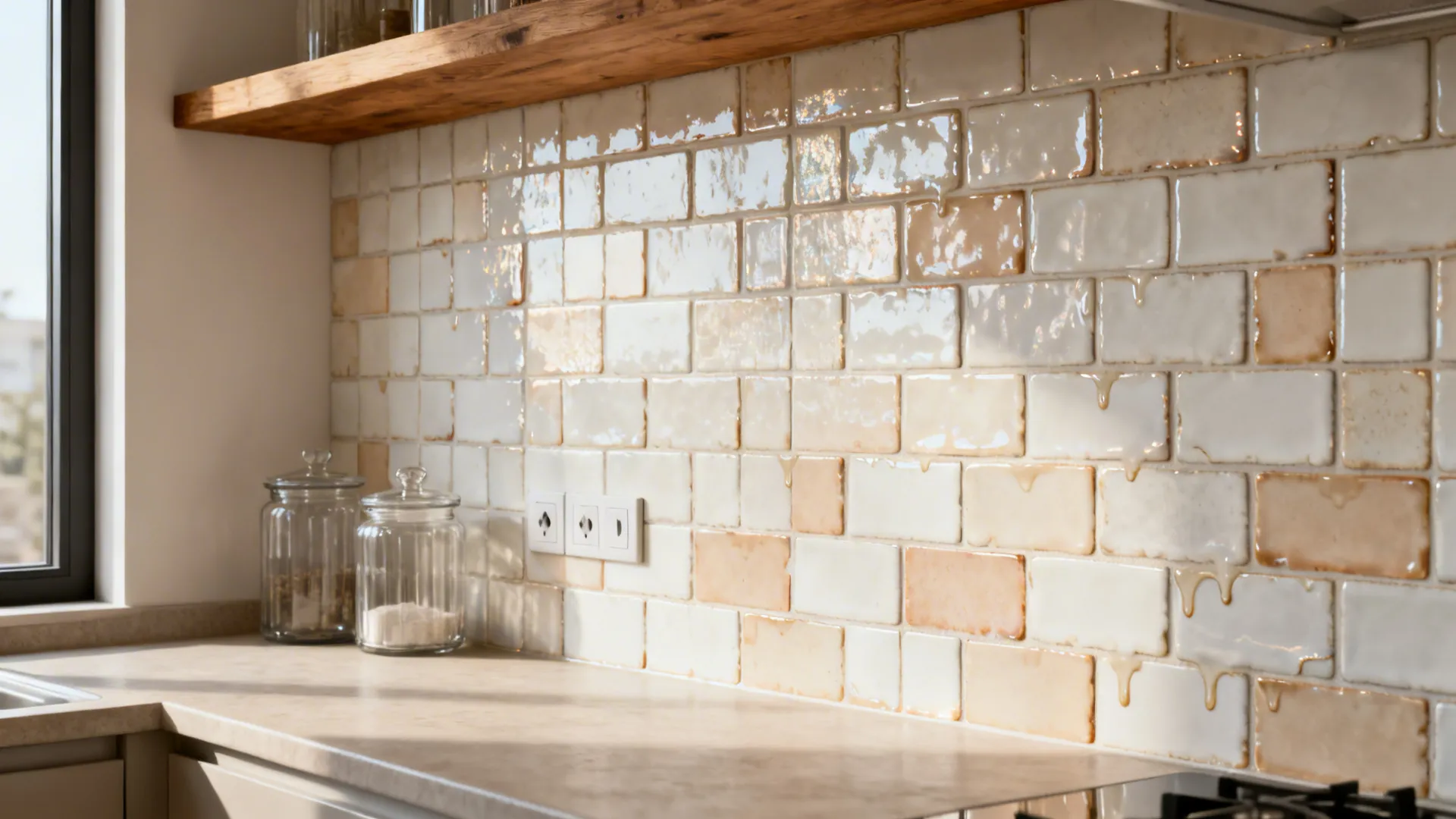 Zellige-style ceramic backsplash with subtle tone variation and matching grout in a small kitchen.