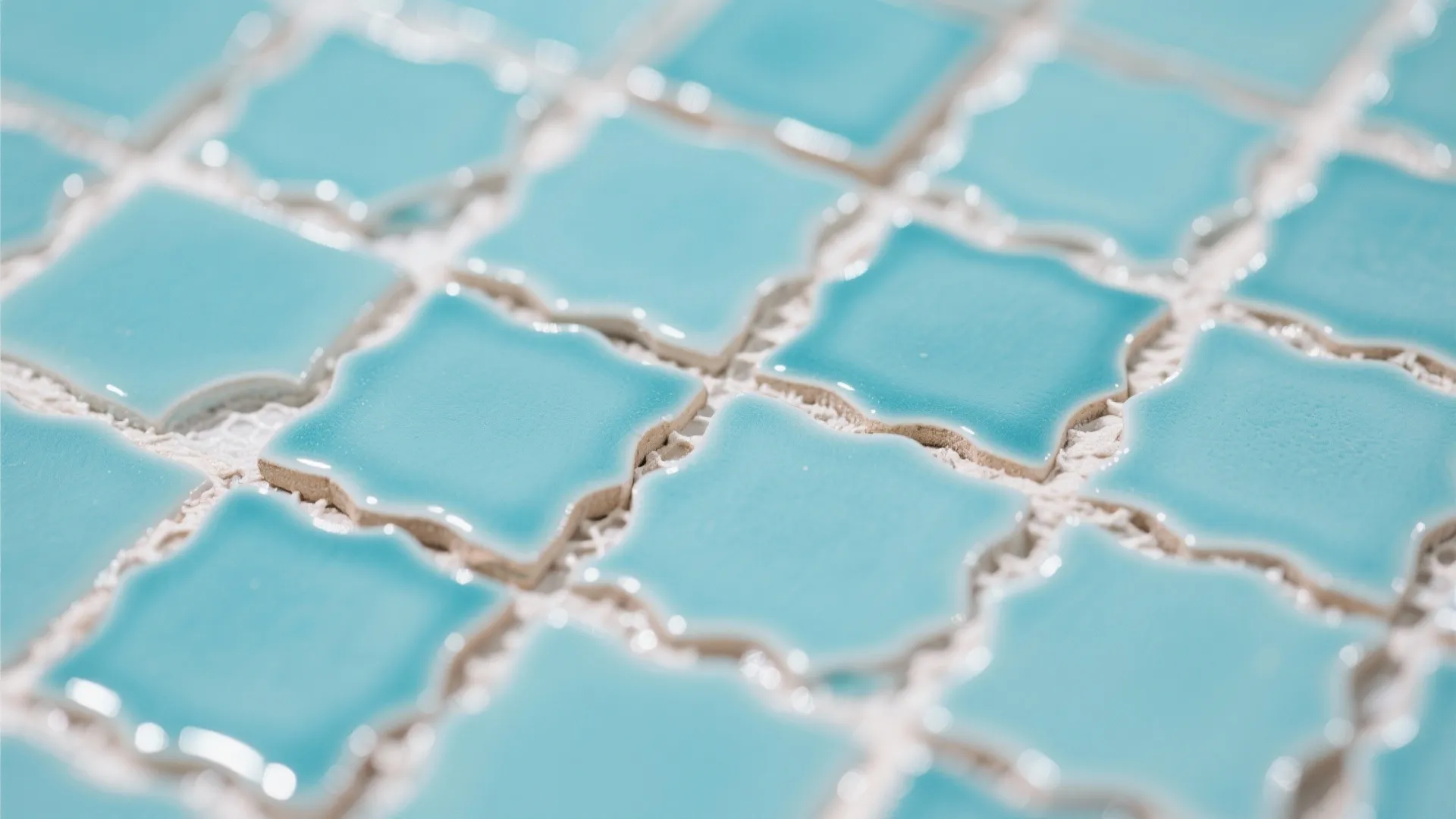Close-up of light blue square wall tiles with wavy edges arranged in a neat grid