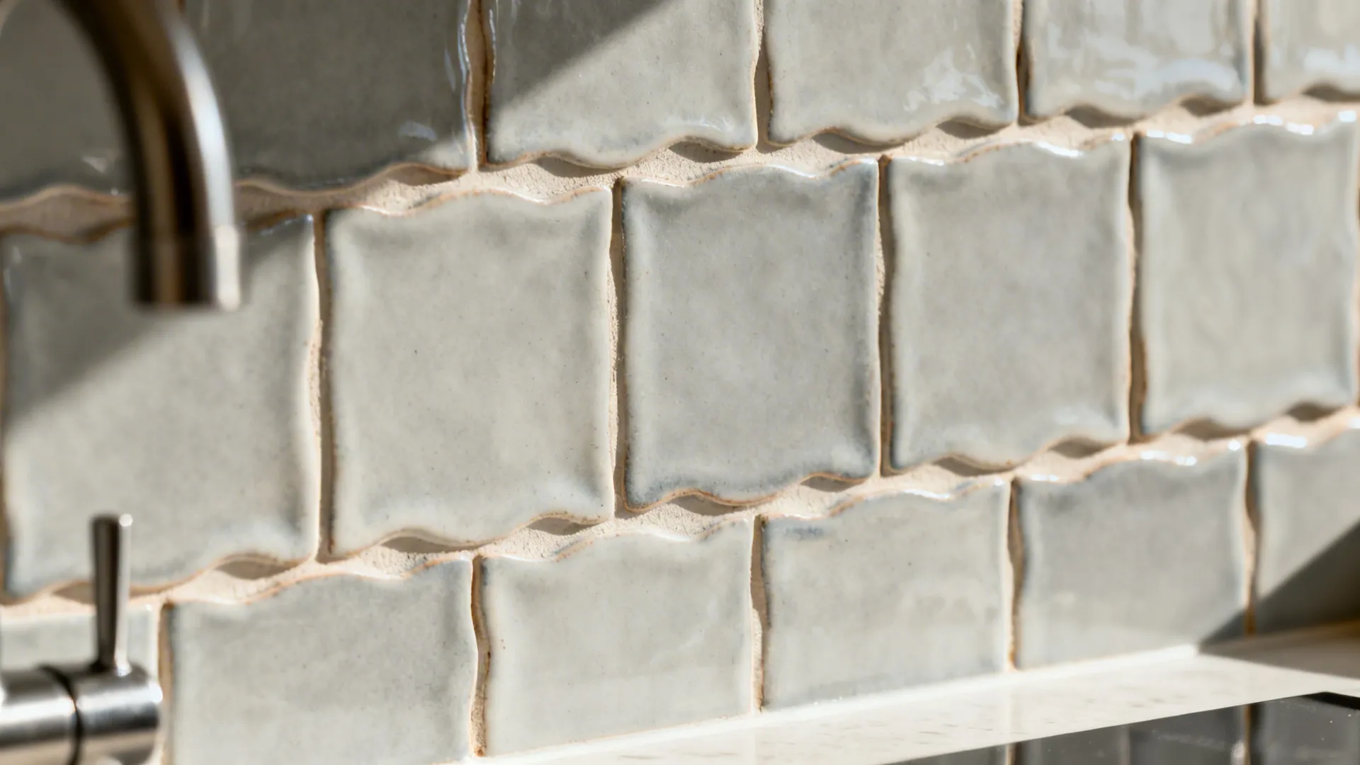 Macro view of pale gray handmade zellige tiles with irregular texture and soft sheen.