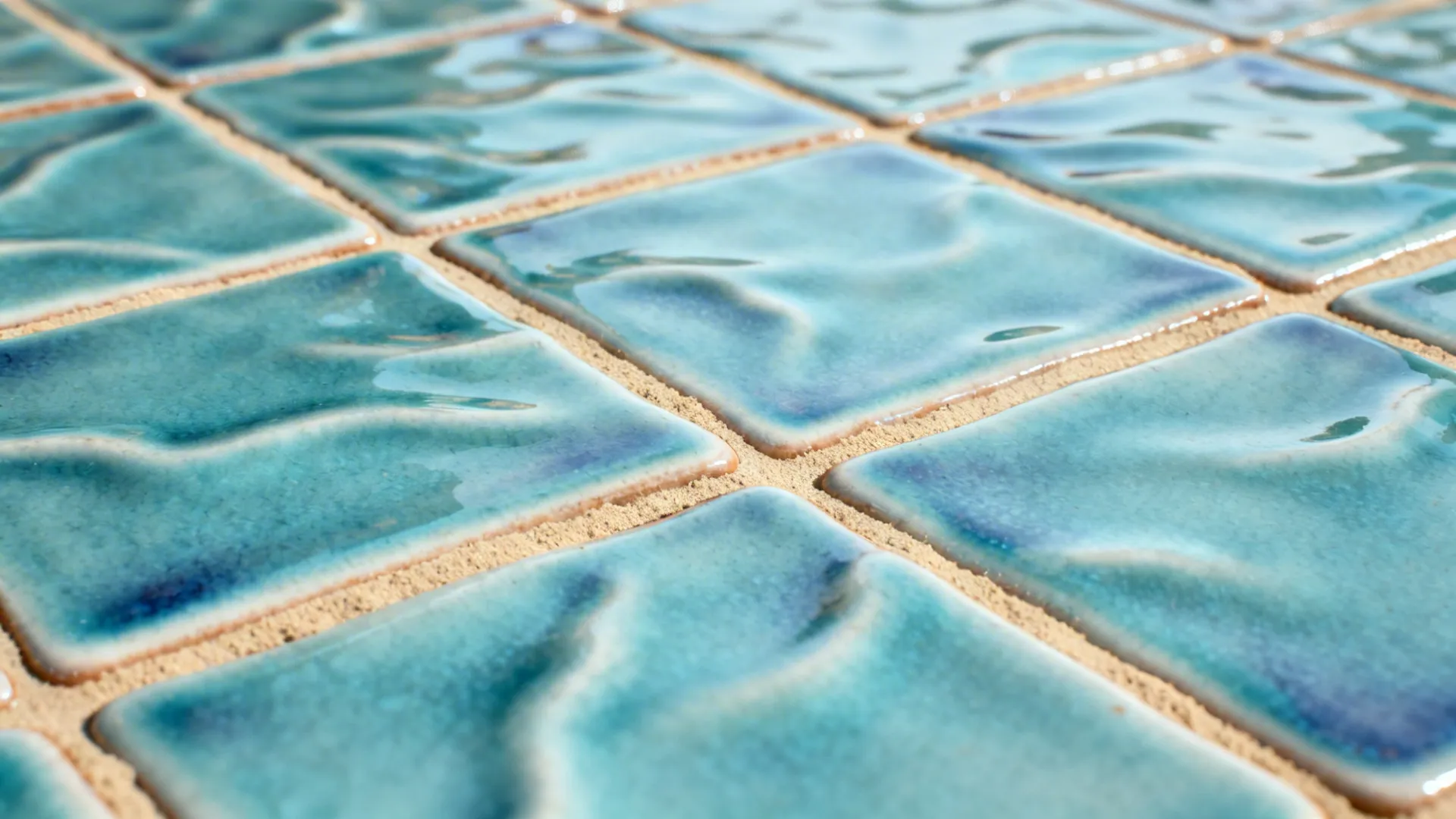Macro of rippled zellige-look glaze with subtle tone variation and sand grout.
