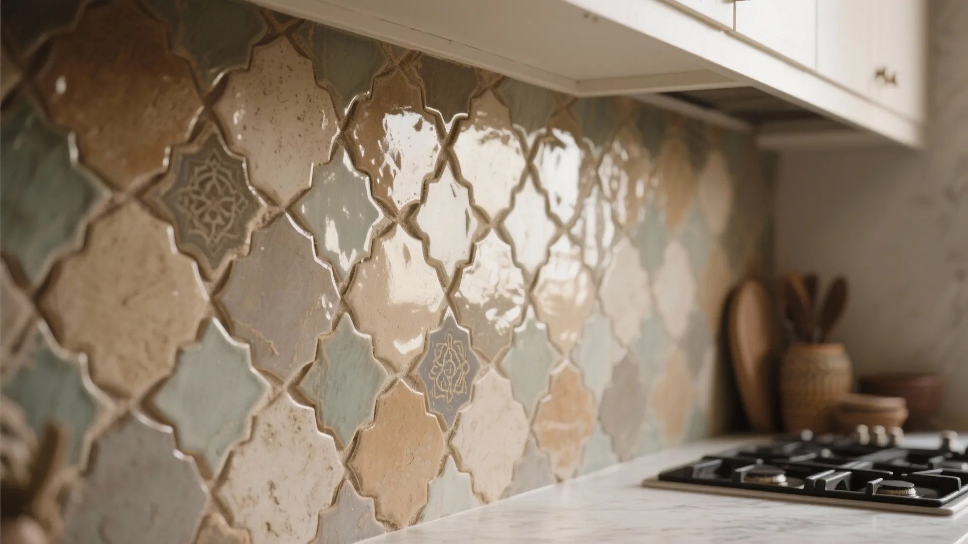 Close up of decorative patterned wall tiles in a kitchen with beige and green colors