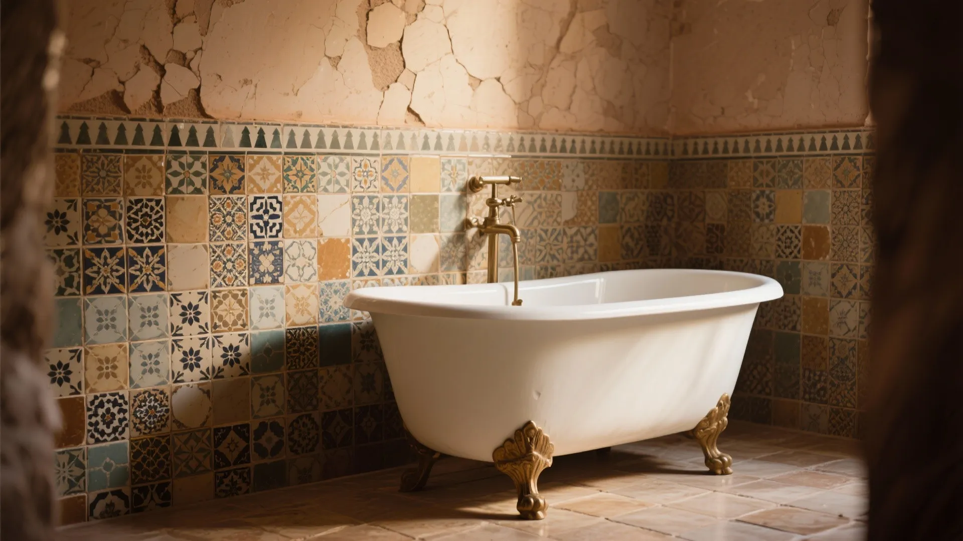Vintage white bathtub with gold legs placed against a colorful patterned tile bathroom wall design