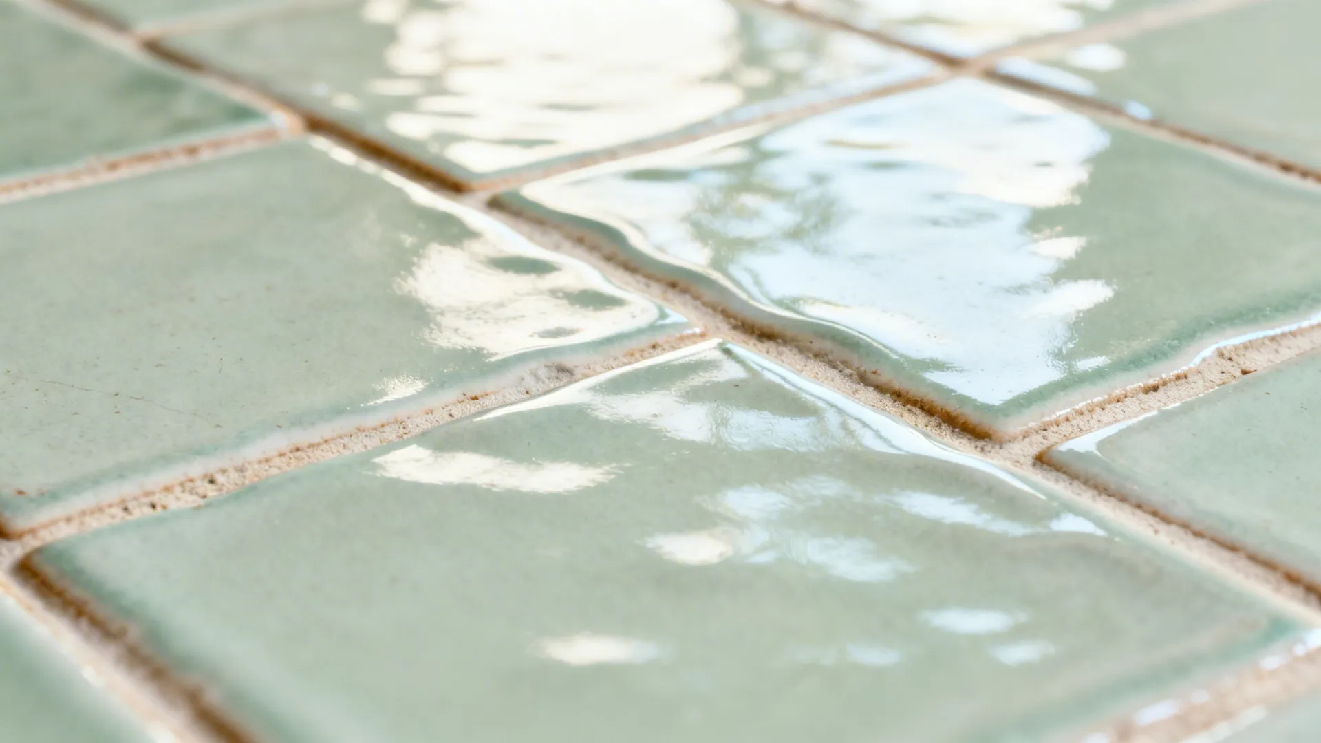 Macro of pale sage zellige-style tile with hand-glazed variation and mid-tone grout.