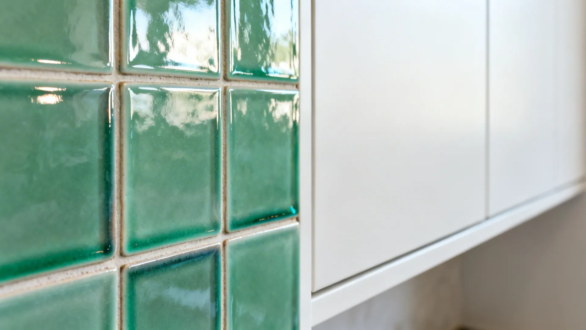 Macro of glossy sea-glass green tiles beside a smooth white cabinet surface.