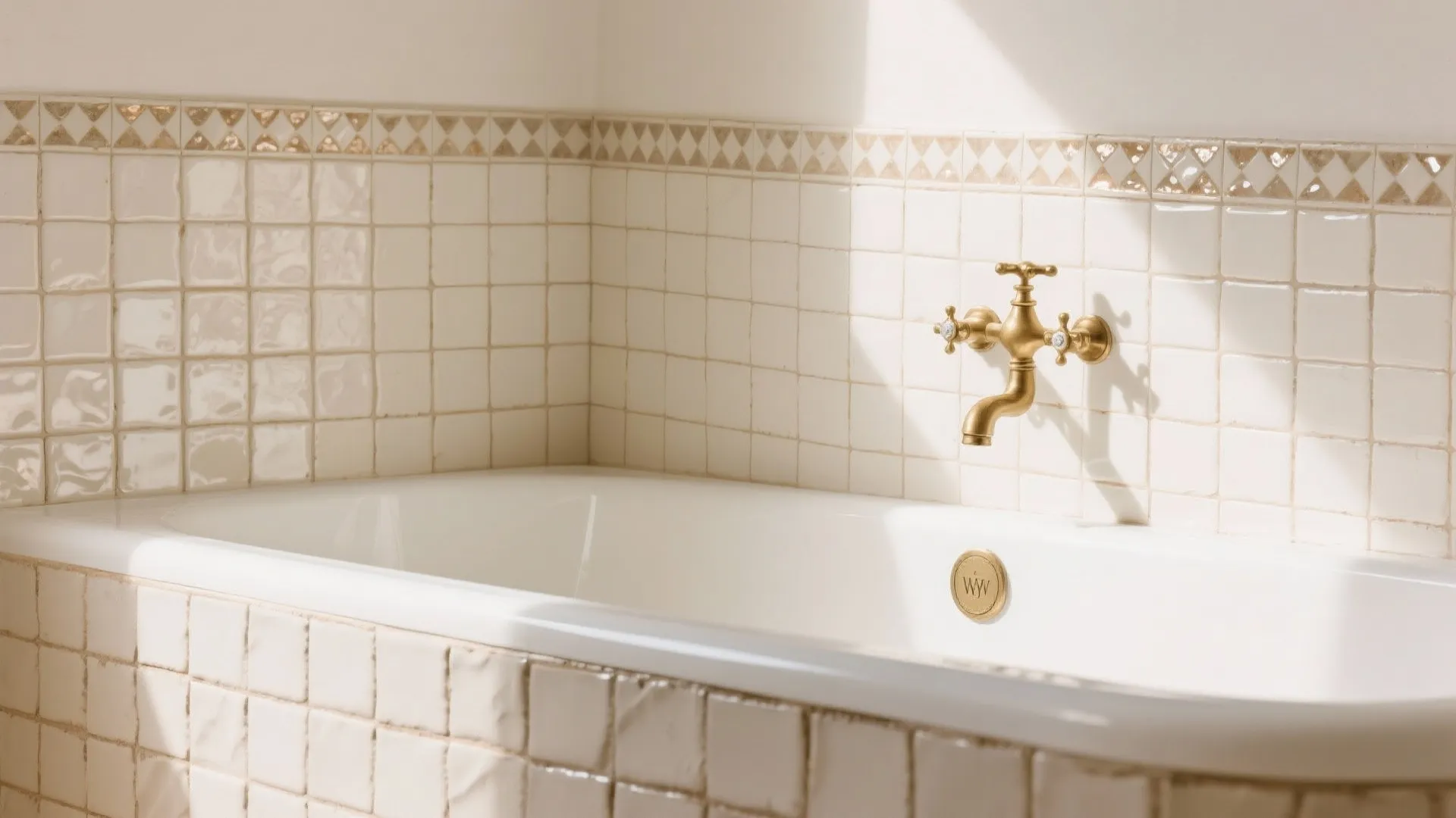 White bathtub and gold tap against cream square tiles with decorative border under bright sunlight