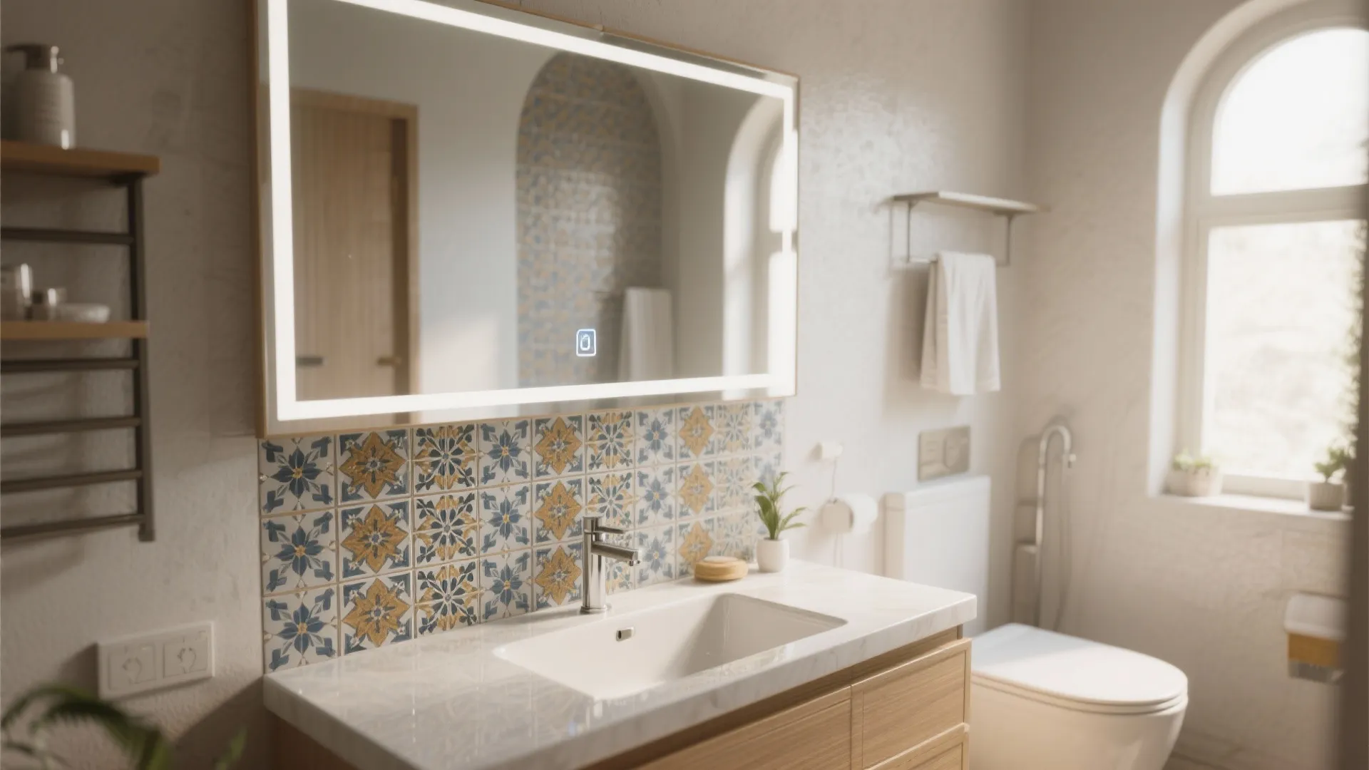 Bright bathroom interior with a large lighted mirror wood cabinet and blue patterned wall tiles