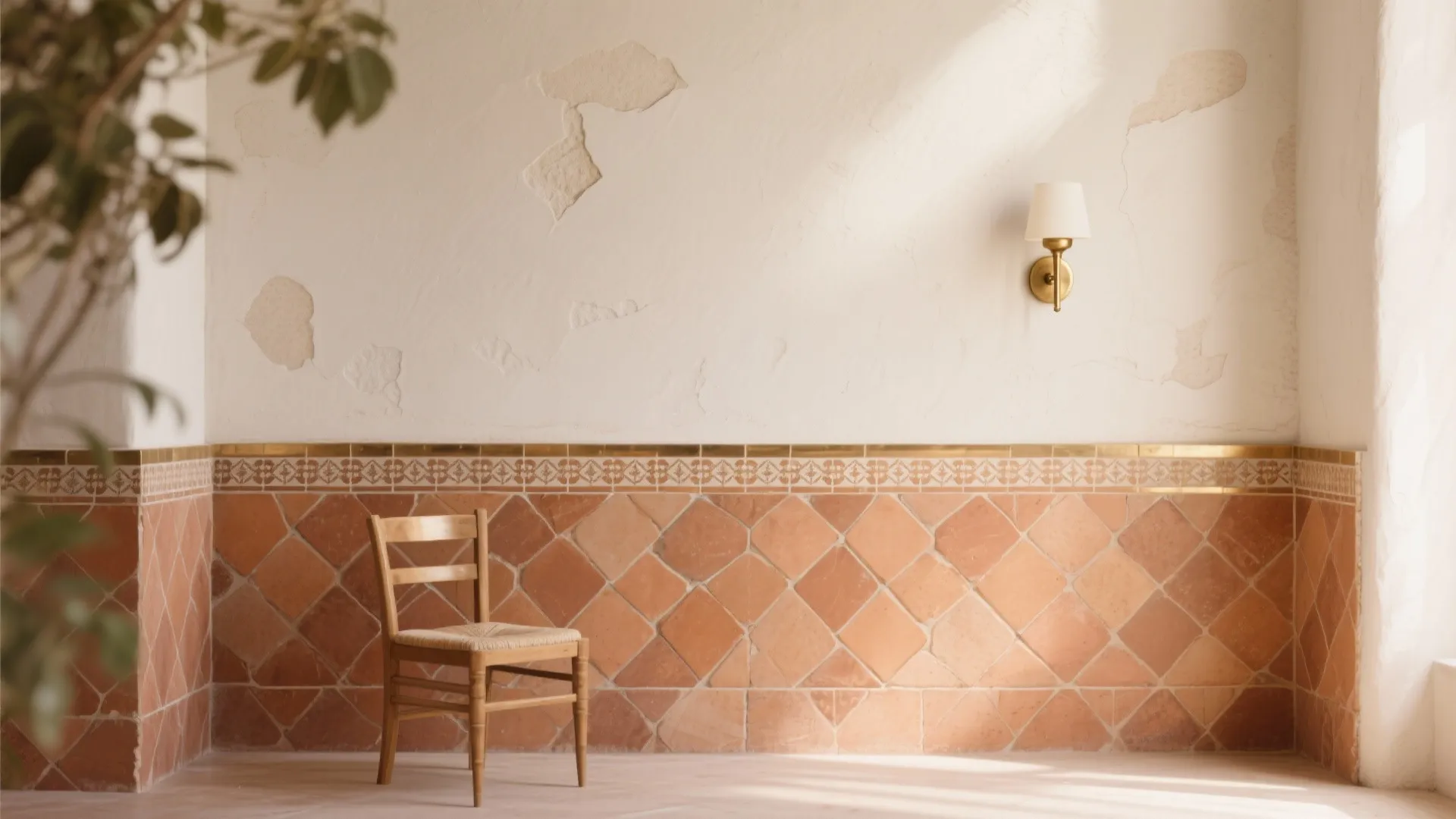 Terracotta Zellige-style wainscot to chair-rail height with limewash plaster above and brass hardware.