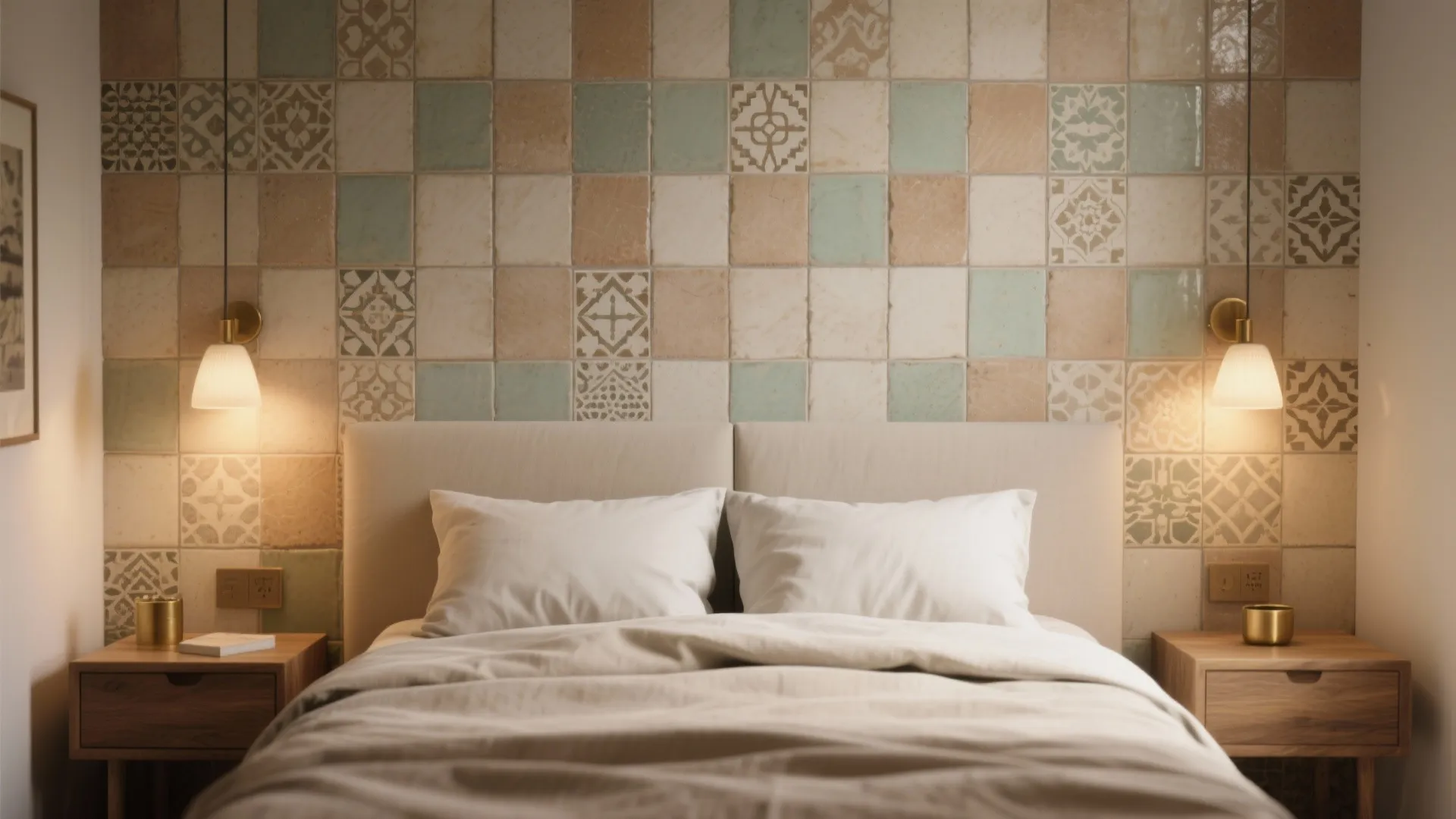 Cozy bedroom interior showing colorful square wall tiles behind a white bed with gold lamps