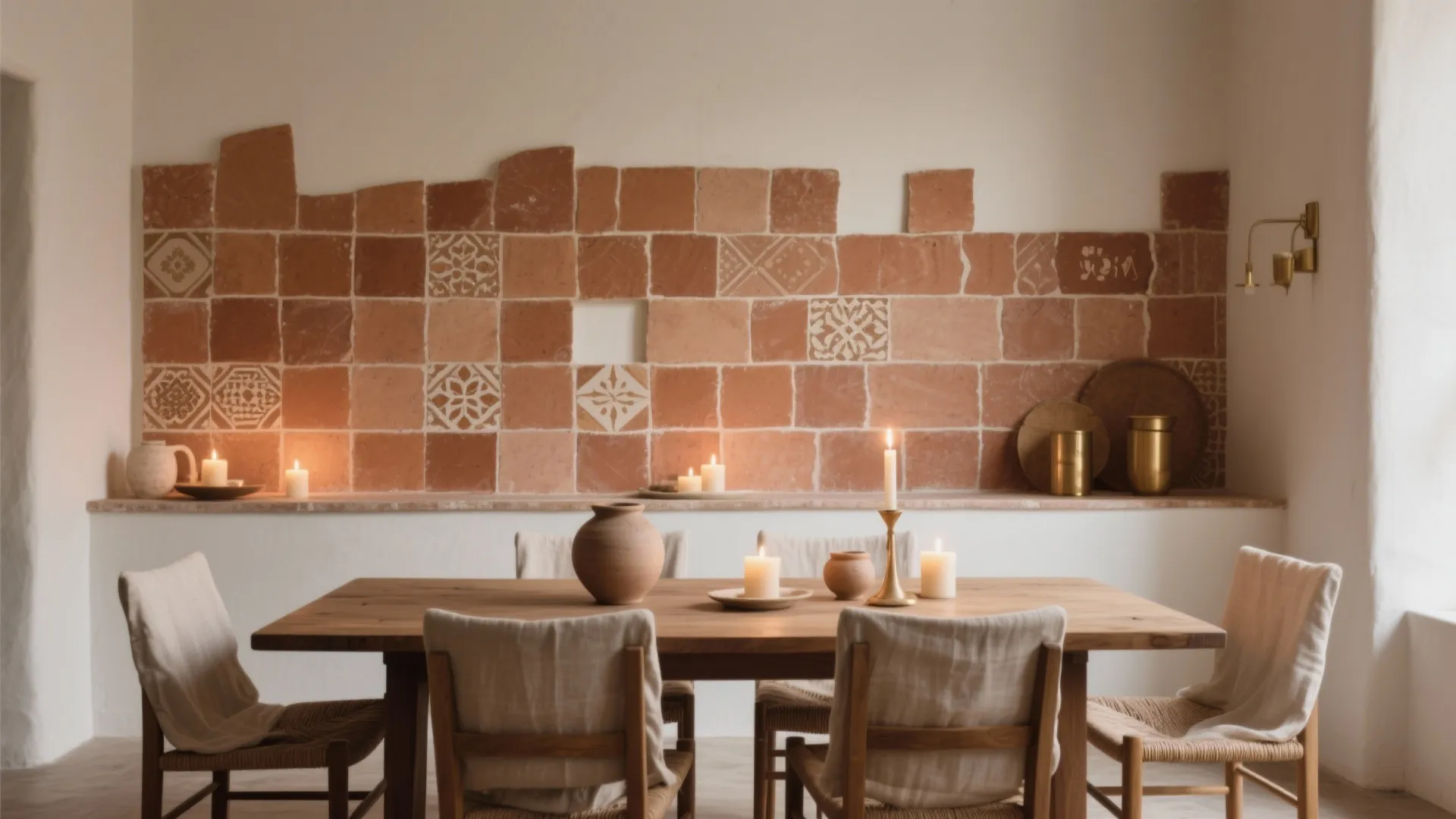 Warm dining room featuring a terracotta wall panel wooden table chairs candles and wall lights