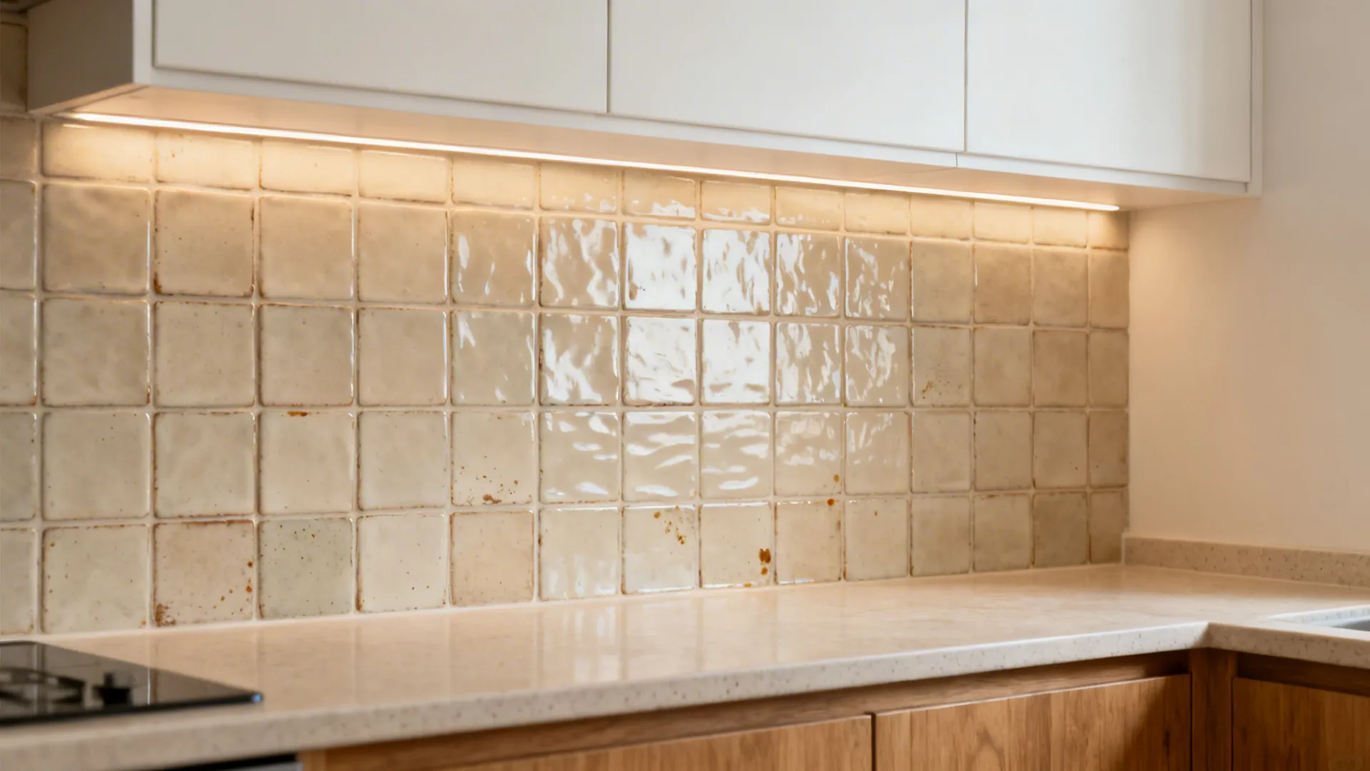 Small kitchen with pale oatmeal zellige-style square backsplash adding warmth and diffused reflections.