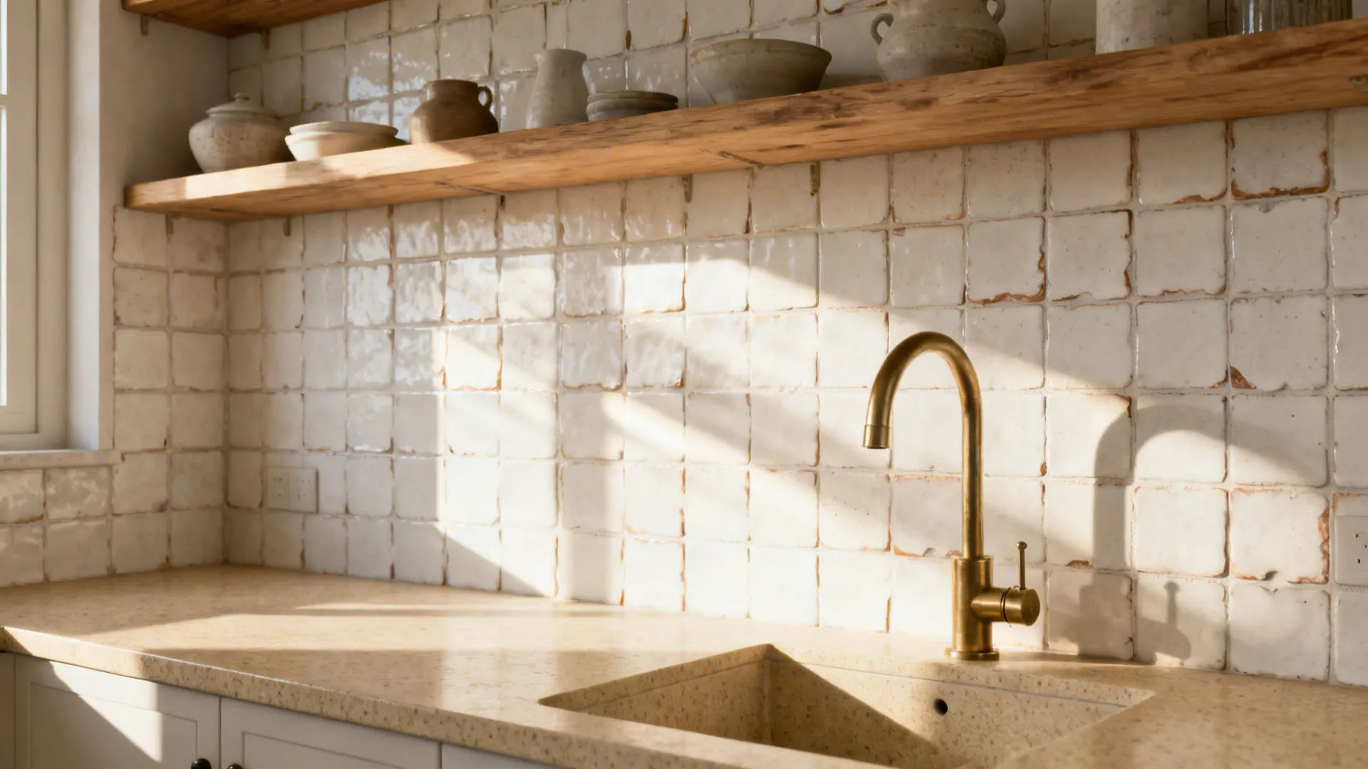 Compact kitchen with off-white zellige tile backsplash glowing in warm daylight.
