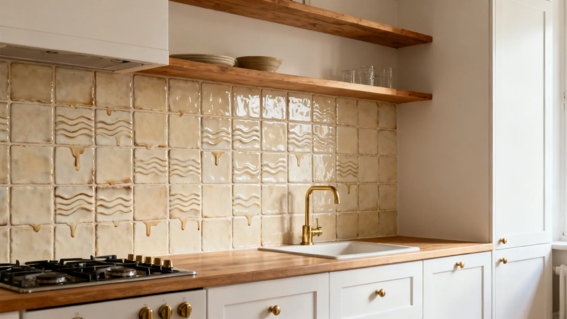 Cozy studio kitchen with creamy handmade-look zellige square tile backsplash and warm light.