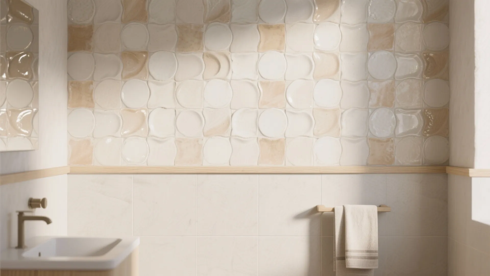 Bathroom wall with patterned cream tiles above a wooden shelf with hanging towel and sink