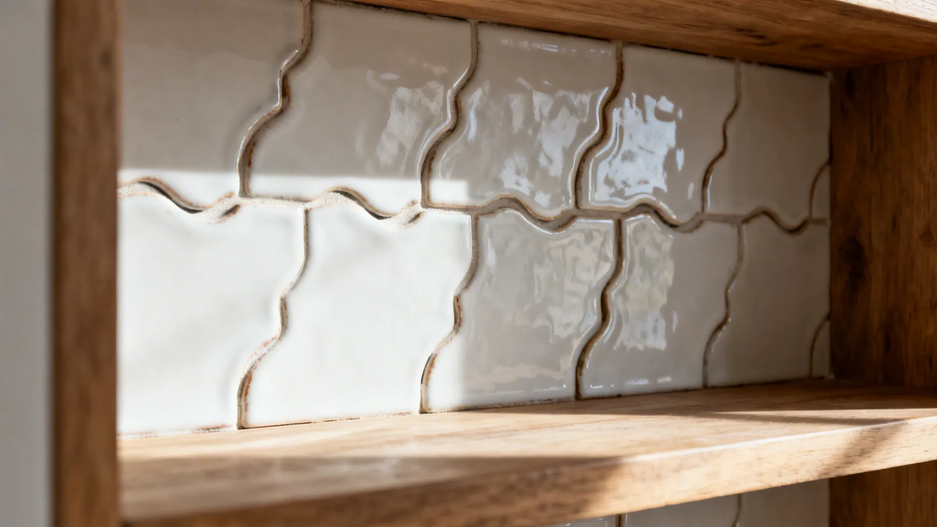 Handcrafted-look white Zellige tiles with subtle ripples lit by soft daylight.