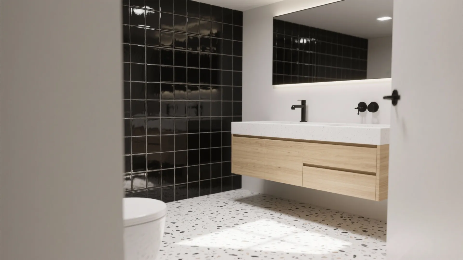 Textured Black Accent Wall + White Terrazzo Floor