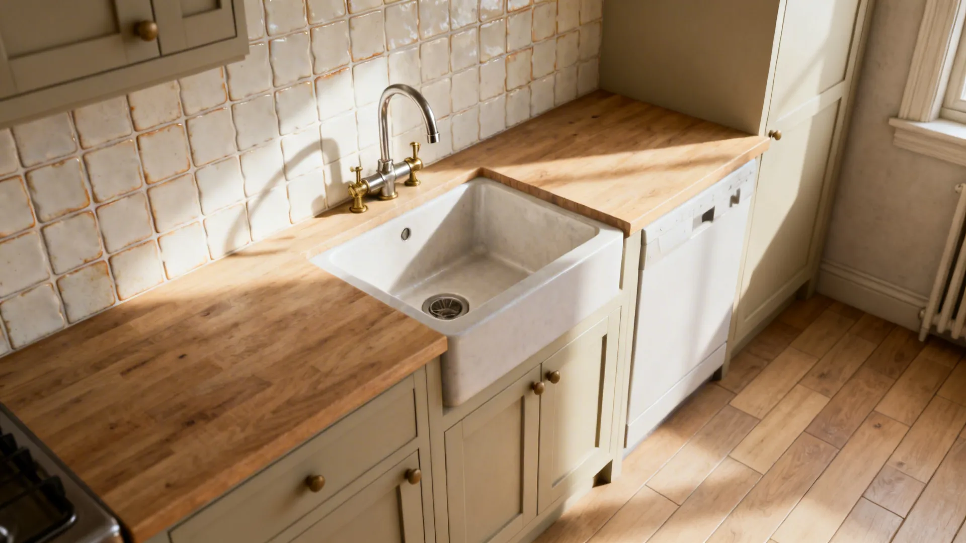 Warm off-white zellige-style backsplash with light oak accents and wood-look porcelain floor in a small kitchen.
