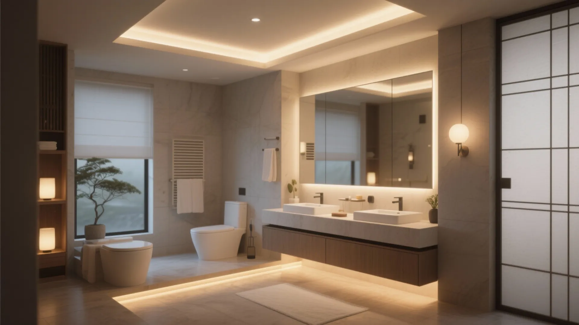 Modern zen bathroom with double sinks large backlit mirror warm lighting and wooden vanity cabinet