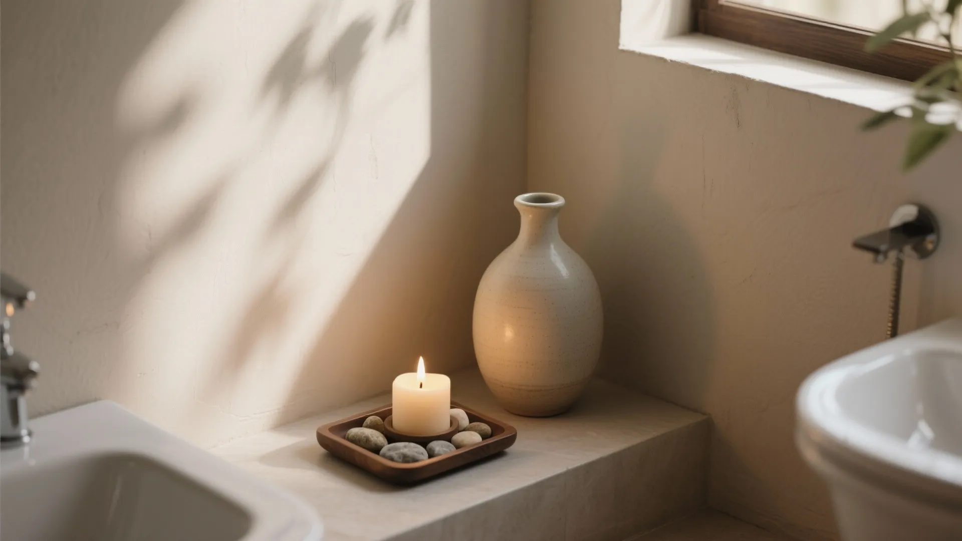 Minimalist bathroom corner with a lit candle on stones beside a ceramic vase and sink