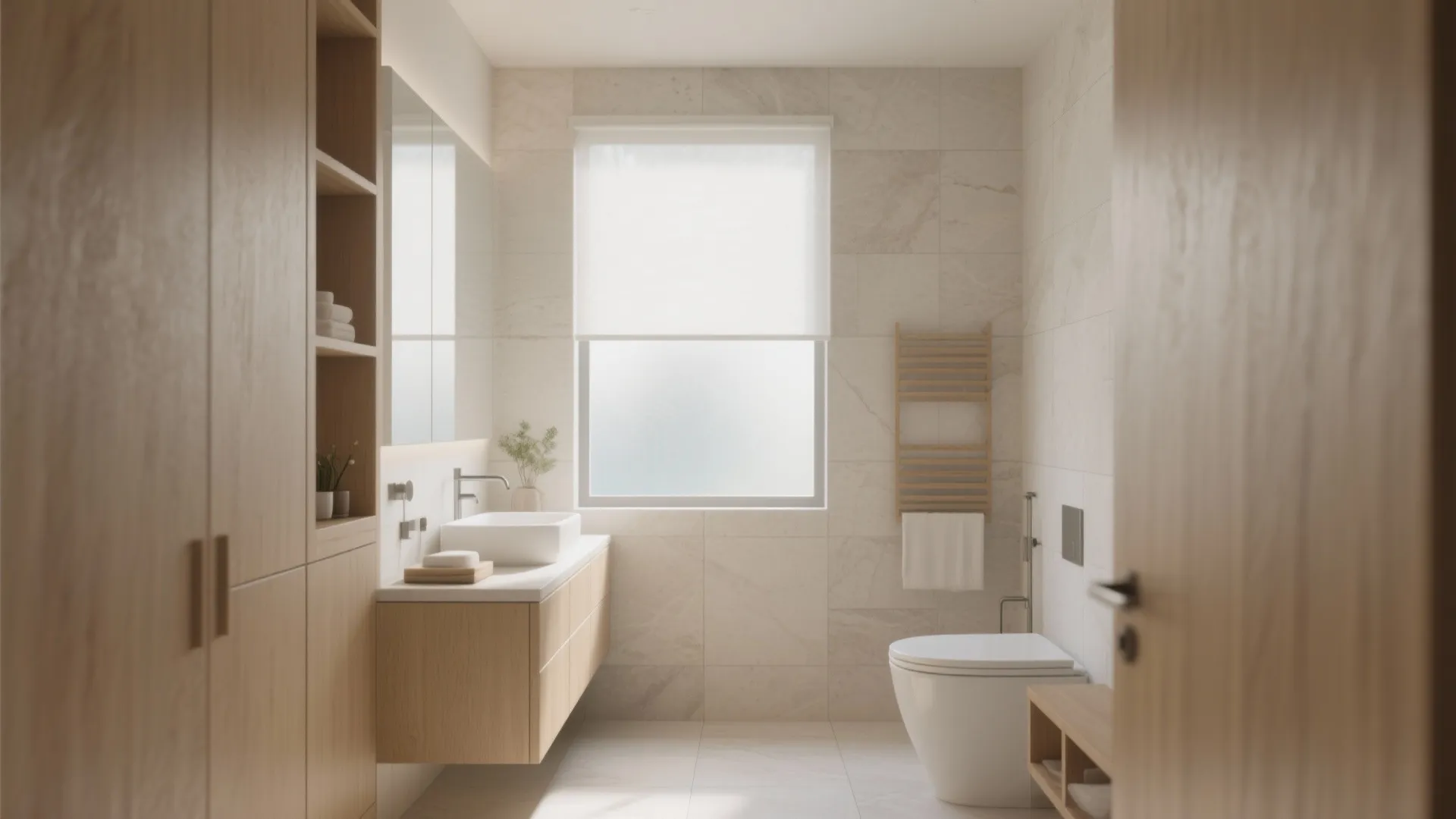 Minimalist bathroom featuring light wood cabinets, white sink, wall toilet, window blinds, and marble tiles