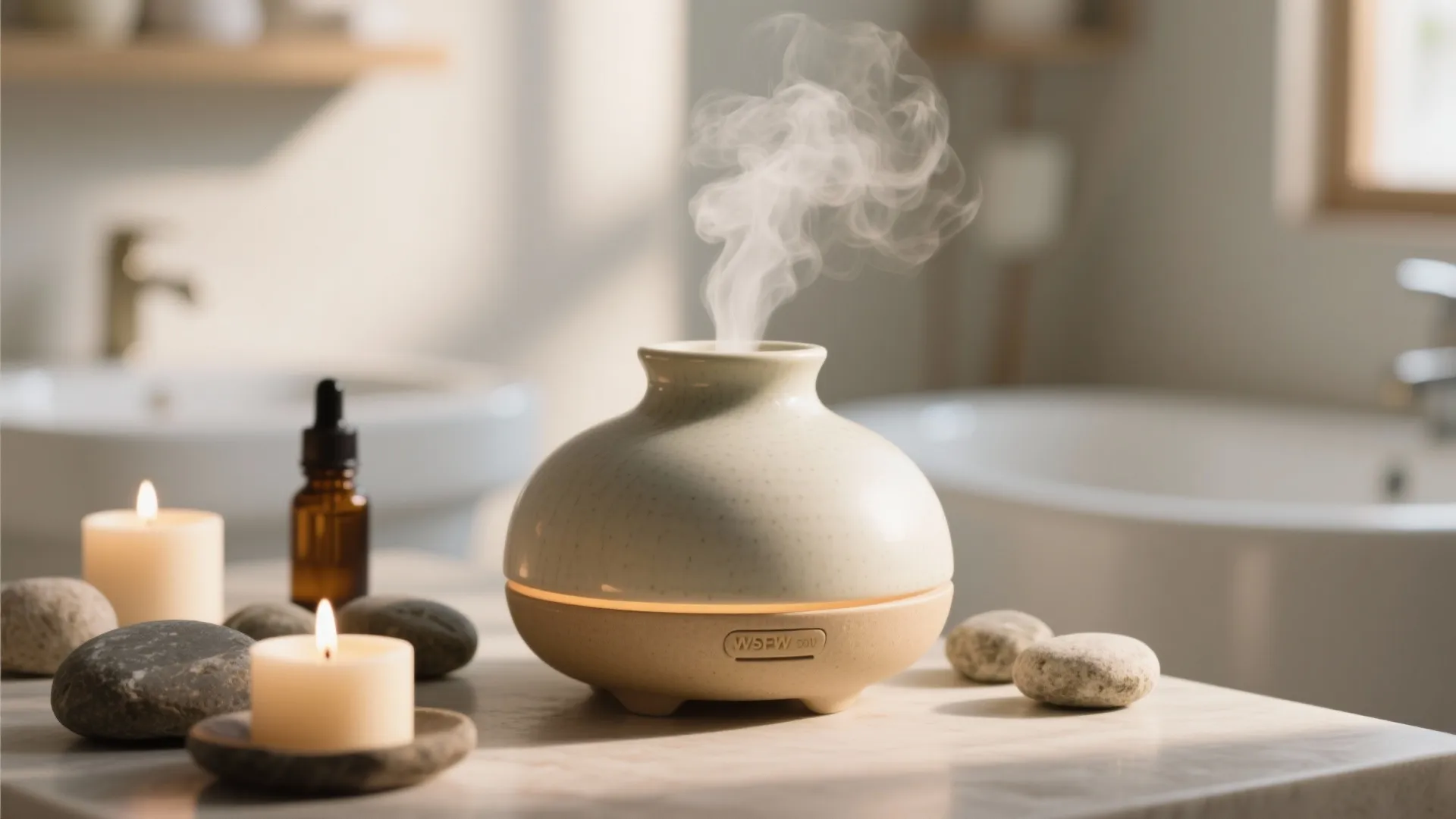Ceramic essential oil diffuser with steam small candles and smooth stones in a bright bathroom