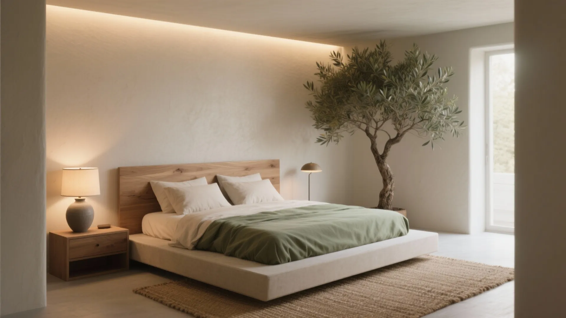 Zen bedroom featuring wooden bed with green blanket olive tree and soft warm wall lighting