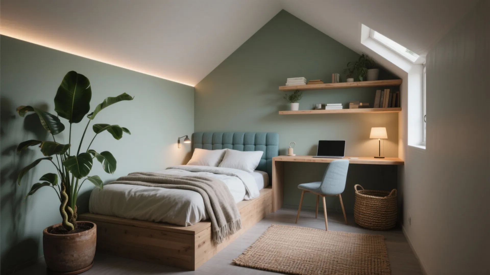 Modern green bedroom with wooden desk under roof window including plants and small wall light