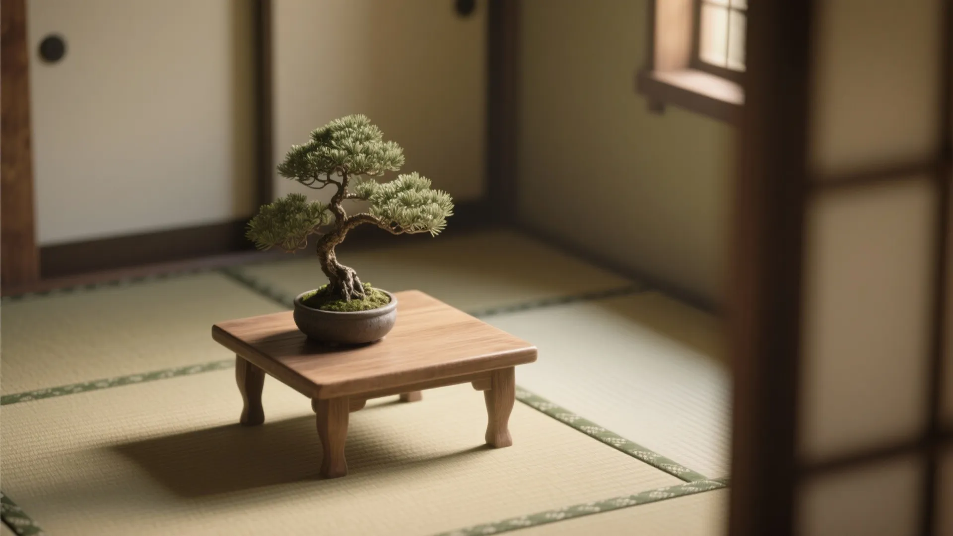 Close-up of a small tatami zen corner with bonsai, low table and warm layered lighting.