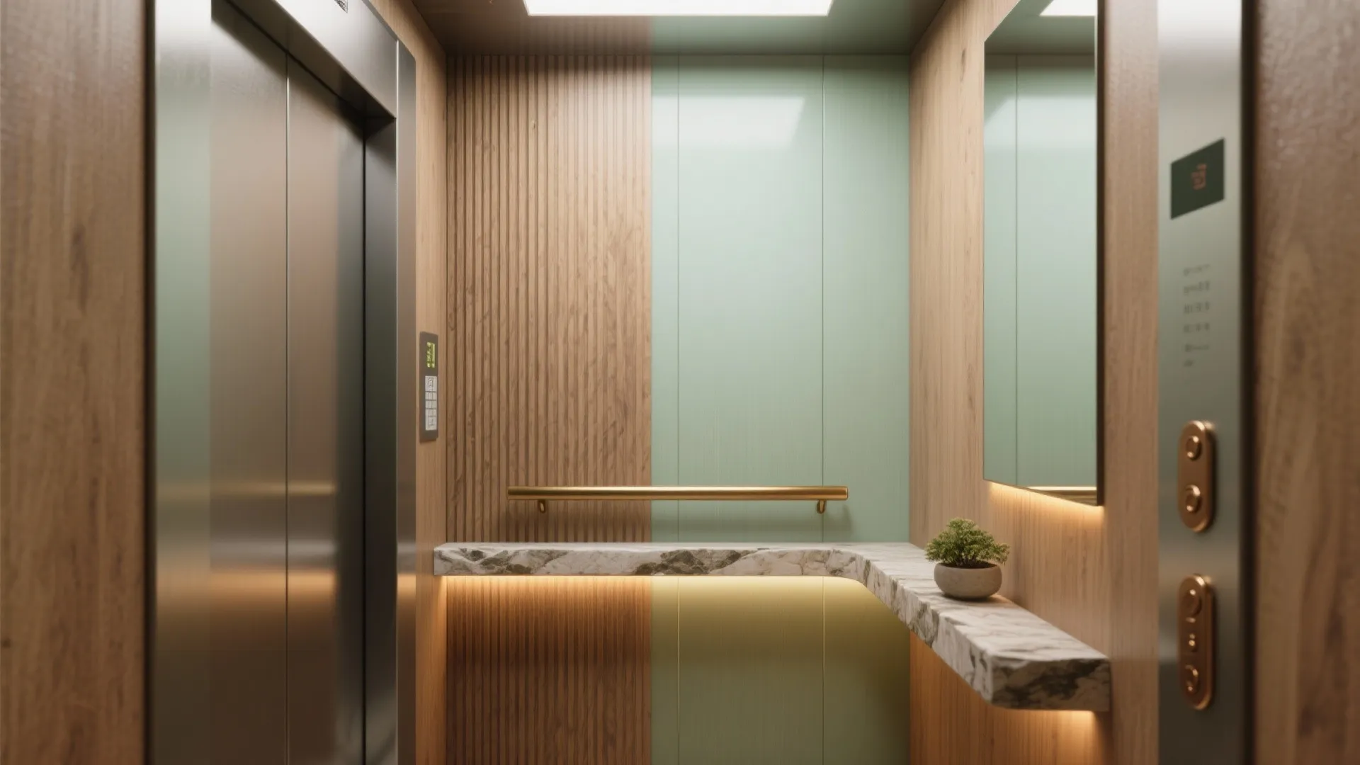 Modern elevator interior with wood wall panels green accent wall marble shelf and small plant