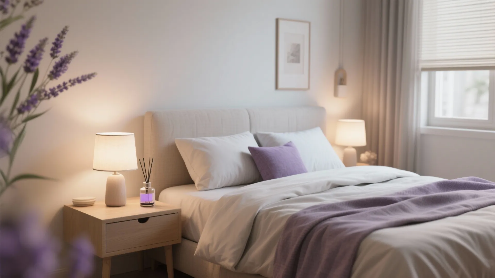 Modern bedroom with purple blanket white pillows table lamp wooden nightstand and soft indoor lighting design
