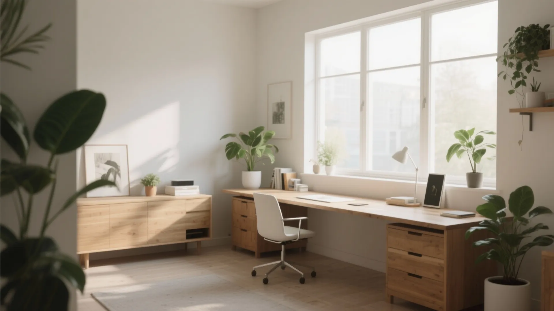 Zen home office with long wooden desk white chair potted plants and bright window light