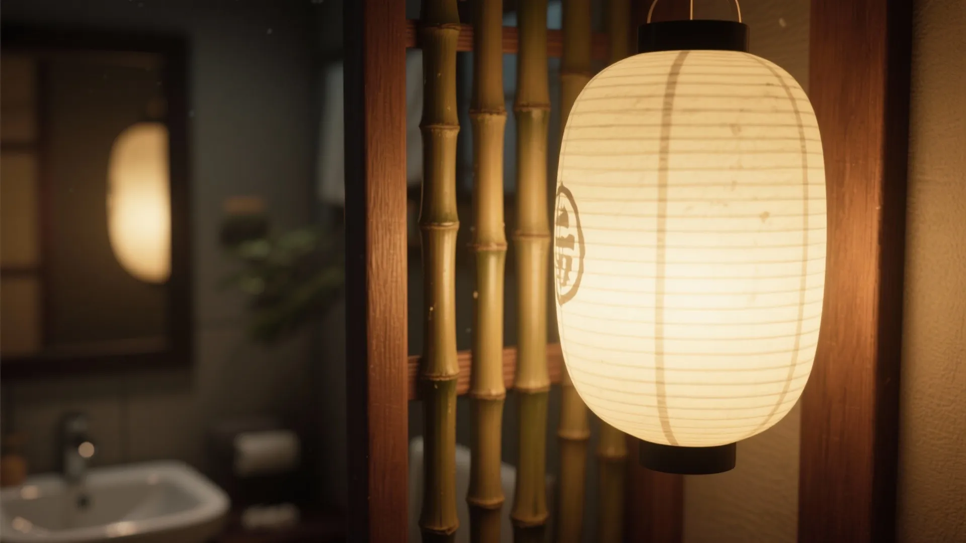 Close-up of Japanese paper lantern with warm diffused light