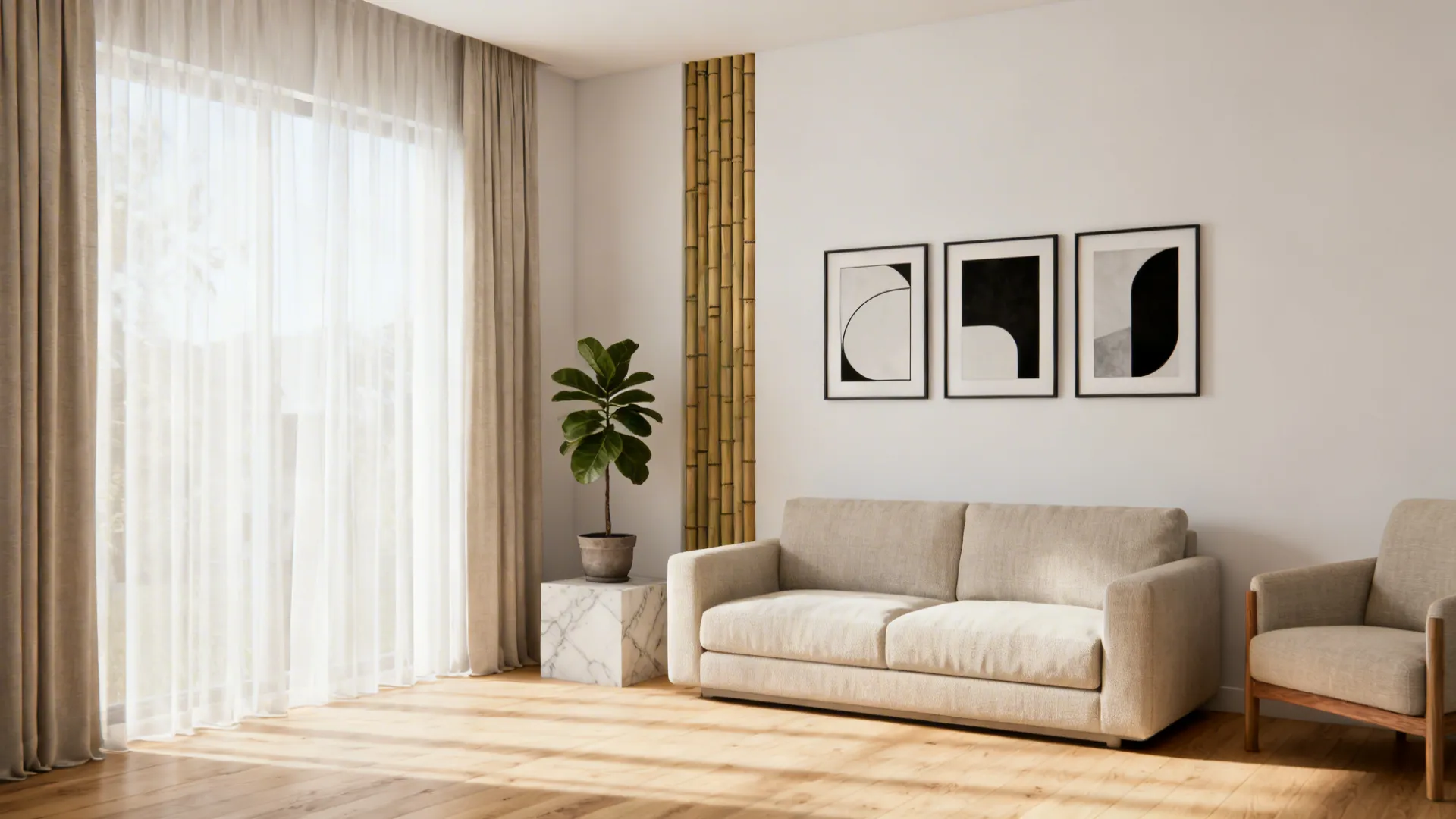 Bright living room with beige sofa wooden floor potted plant and three black wall art