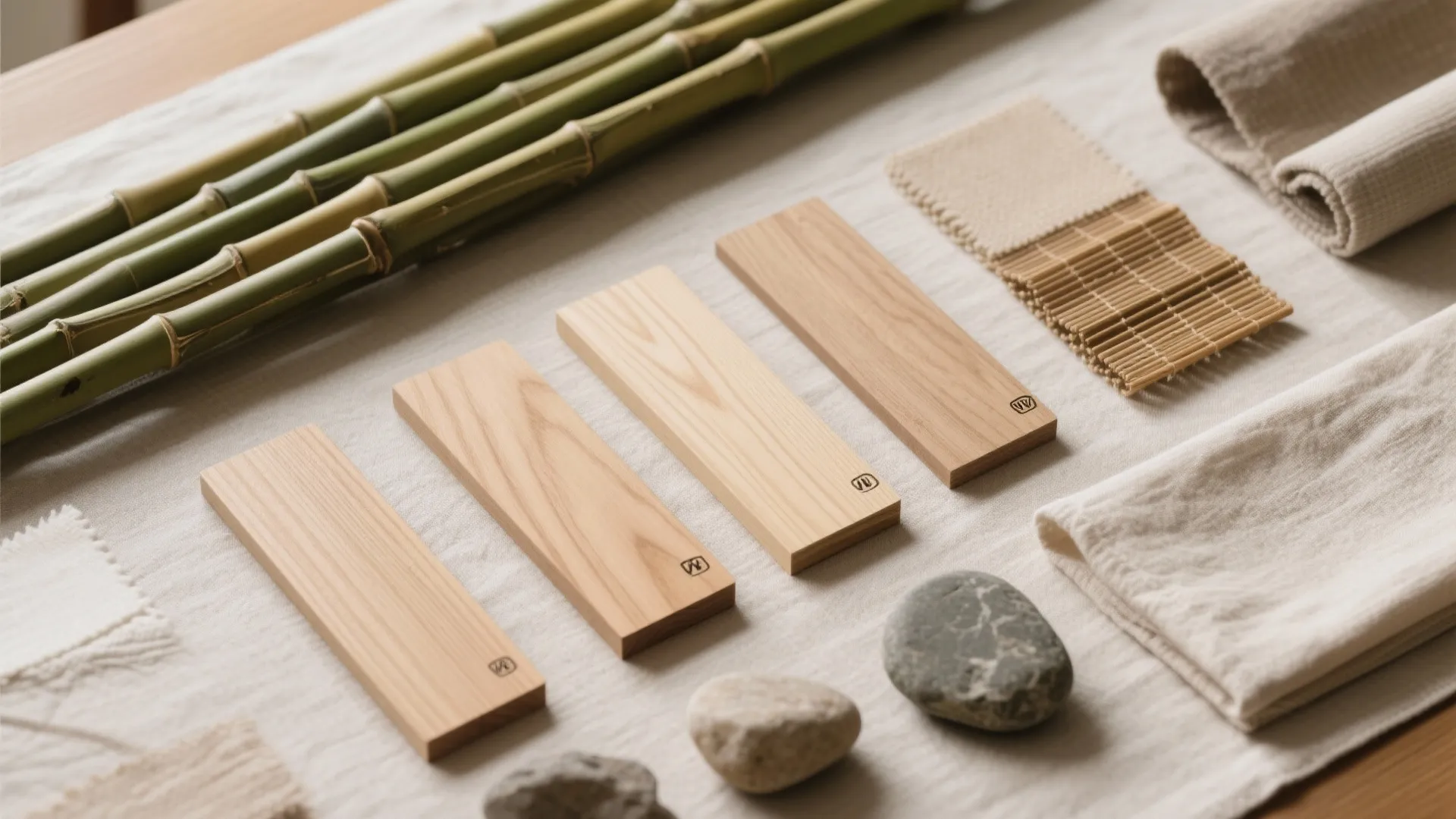 Flatlay of oak wood, linen, bamboo, and stone for Zen interiors