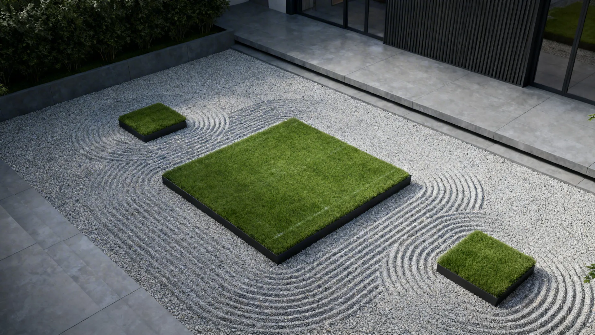 Zen pebble bed with raked patterns and small artificial grass platforms for seating