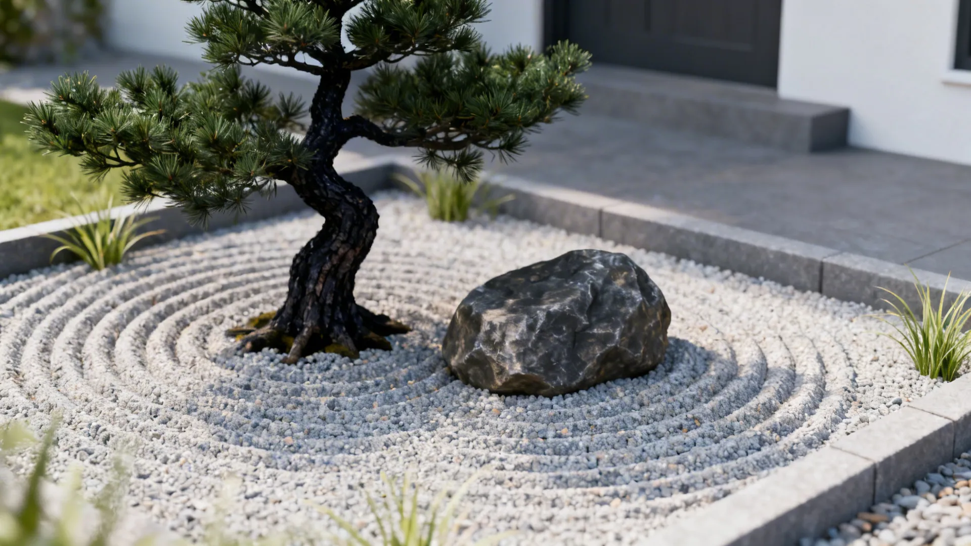 Compact Zen rock garden with raked gravel, accent boulders and a dwarf Japanese black pine.
