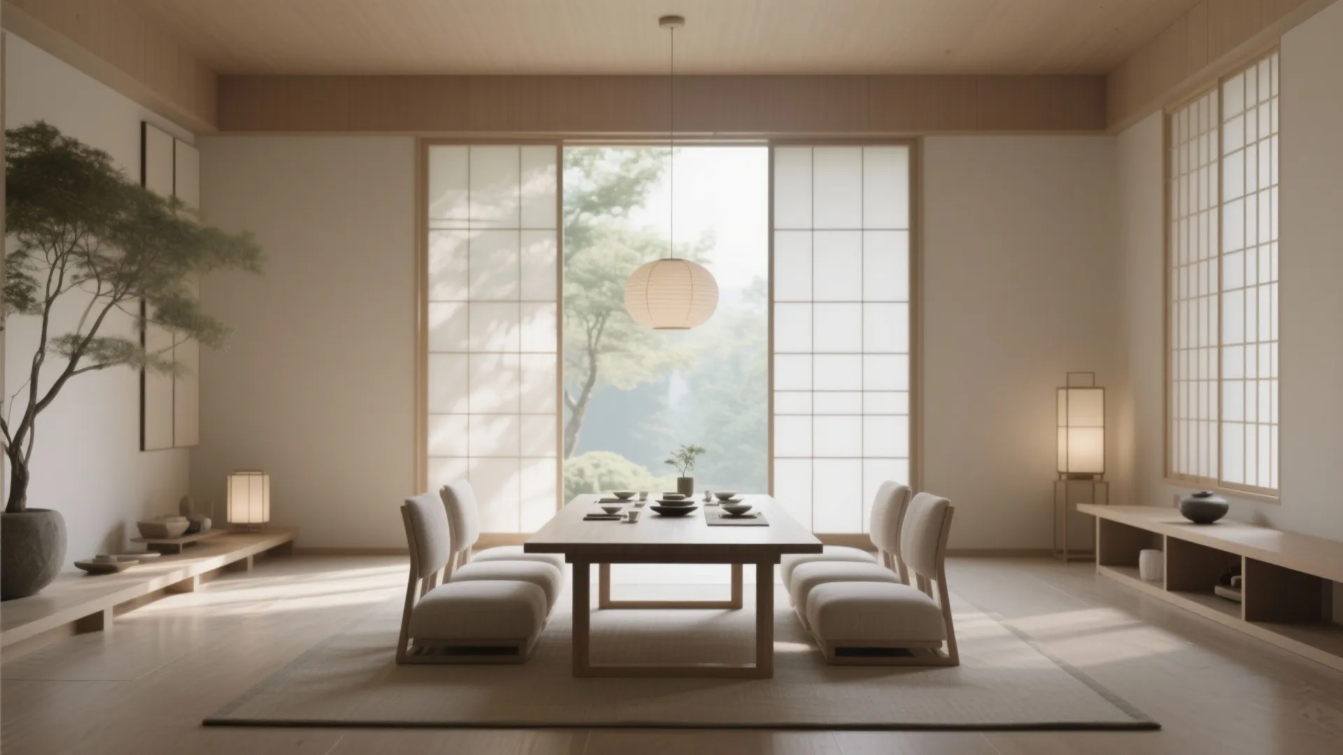 Open Zen dining room layout with natural light and clear space