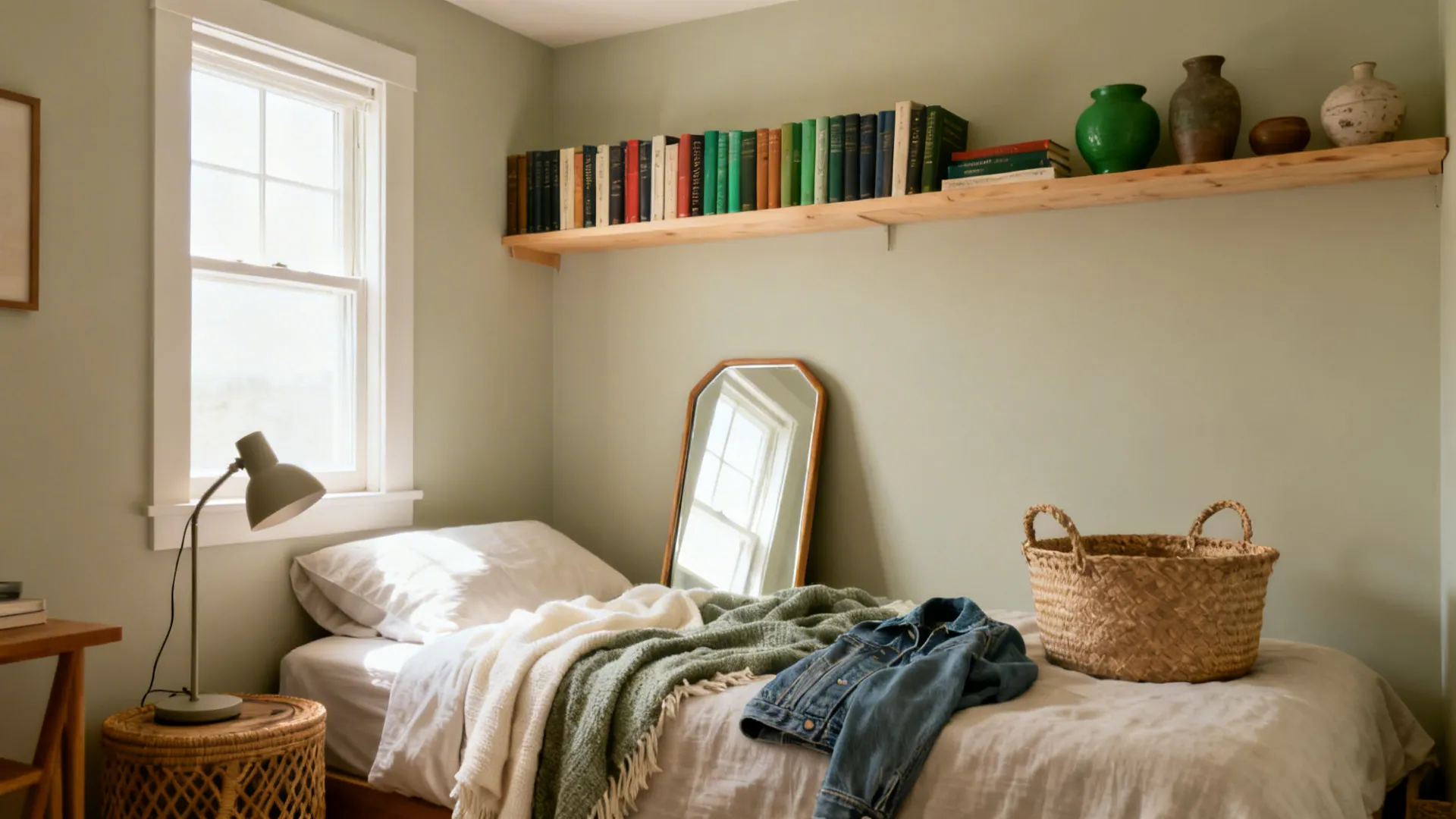 Small bedroom with green walls wooden book shelf floor mirror and bed with a jacket