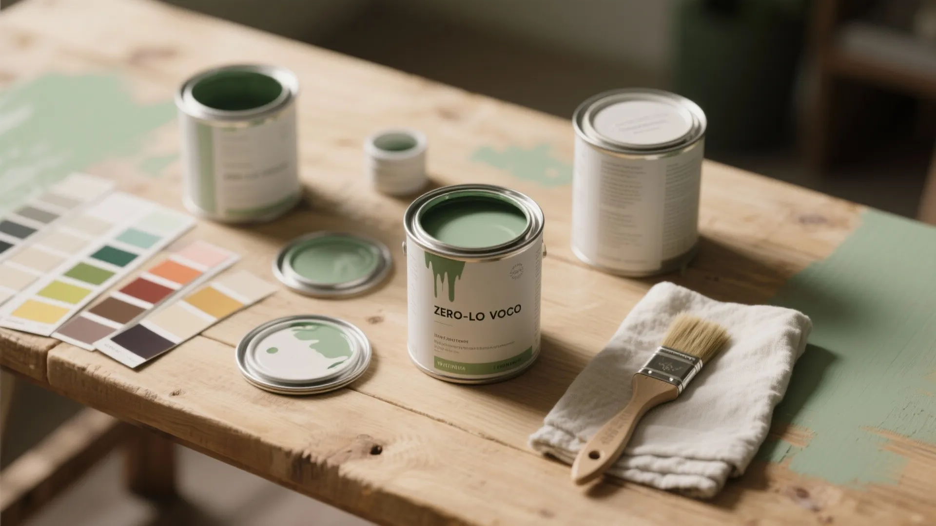 Green paint cans with brush and color samples on wooden table for interior design project