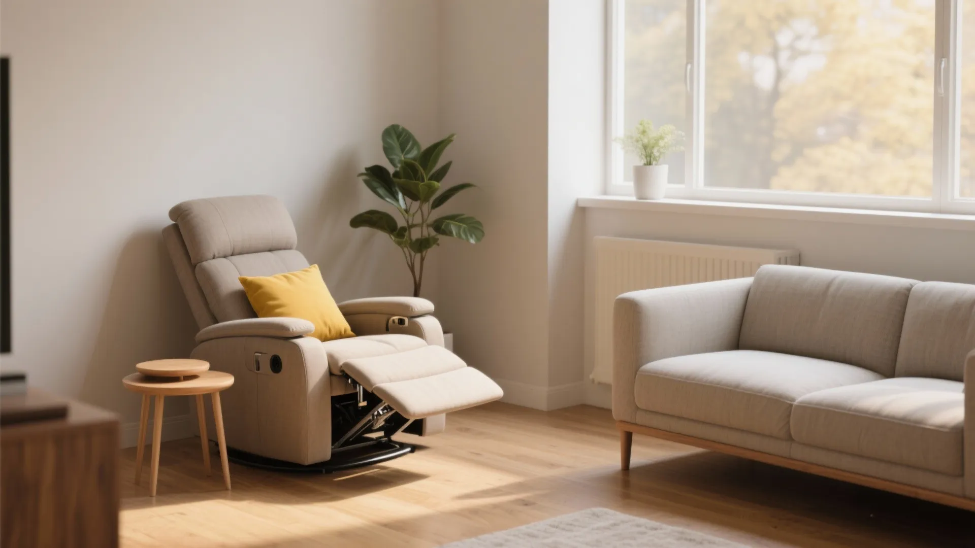 Modern living room featuring a reclining sofa with yellow pillow next to a grey sofa